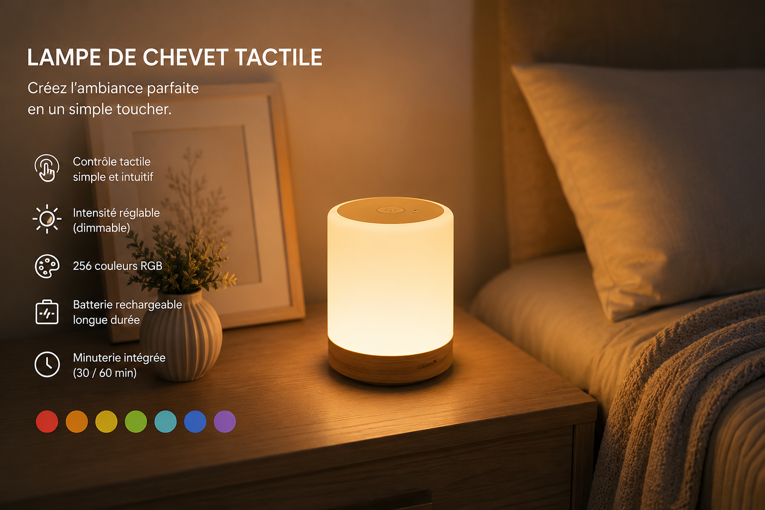 Lampe LED Tactile RGB – 256 Couleurs & Rechargeable