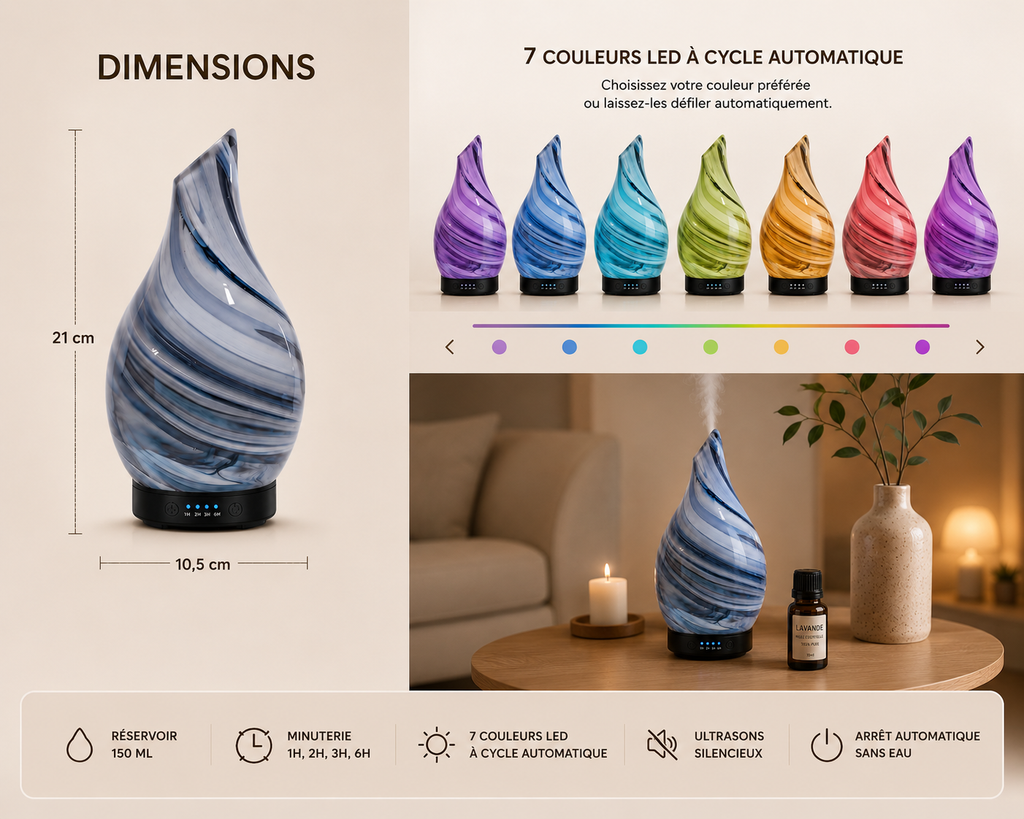 Diffuseur Huiles Essentielles 150ML – Humidificateur Ultrasonique LED