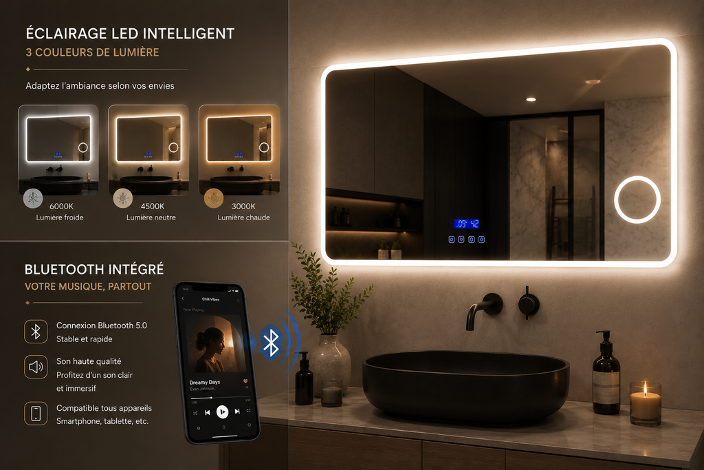 Miroir LED Connecté avec Bluetooth – Éclairage Intelligent & Design Moderne