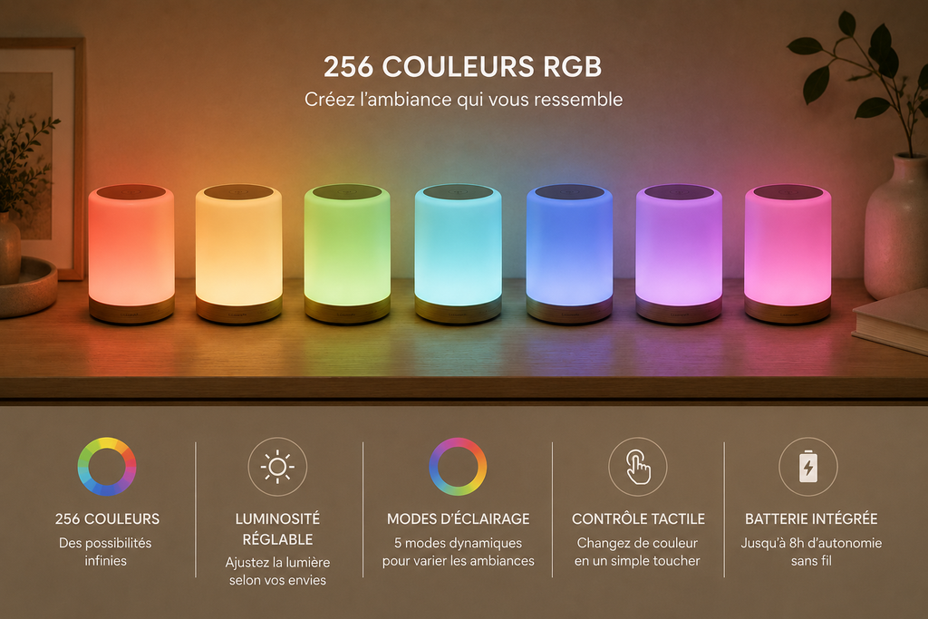 Lampe LED Tactile RGB – 256 Couleurs & Rechargeable