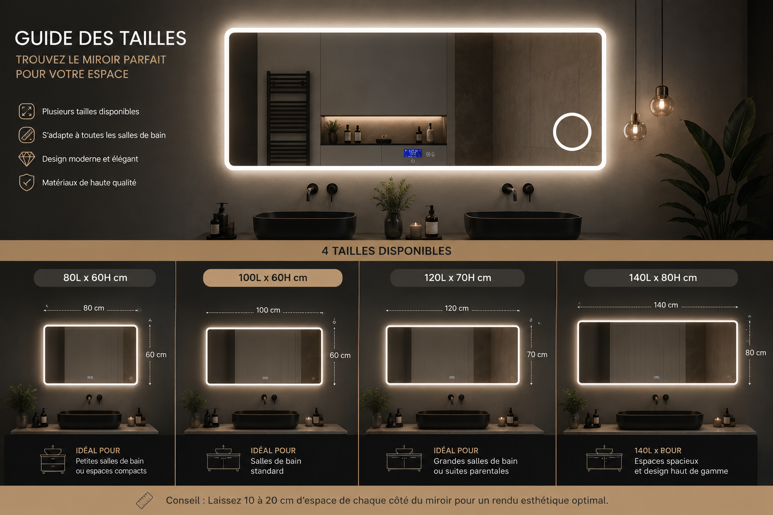 Miroir LED Connecté avec Bluetooth – Éclairage Intelligent & Design Moderne