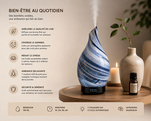 Diffuseur Huiles Essentielles 150ML – Humidificateur Ultrasonique LED