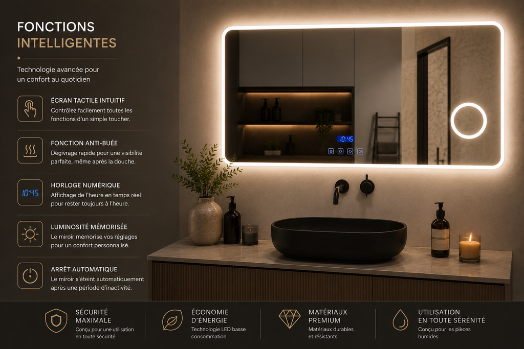 Miroir LED Connecté avec Bluetooth – Éclairage Intelligent & Design Moderne