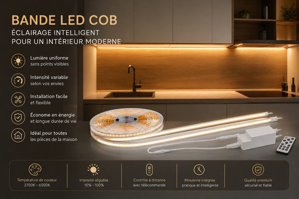 Bande LED Intelligente – Éclairage Ambiance Blanc Chaud & Intensité Réglable
