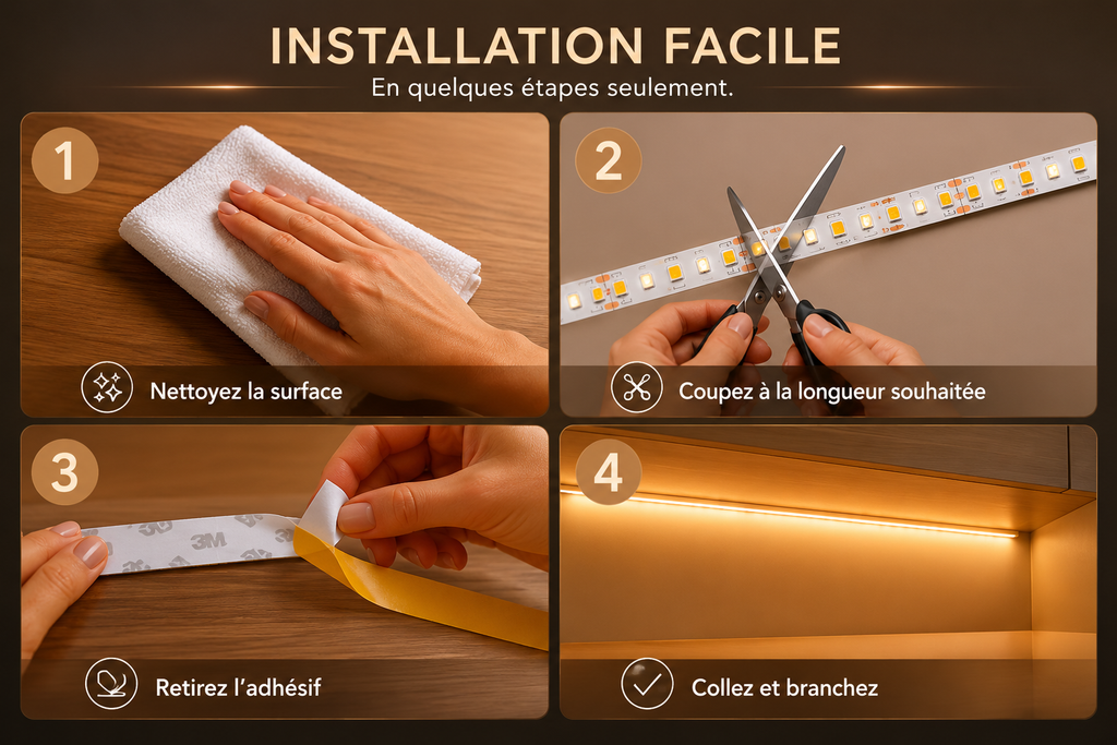 Bande LED Intelligente – Éclairage Ambiance Blanc Chaud & Intensité Réglable
