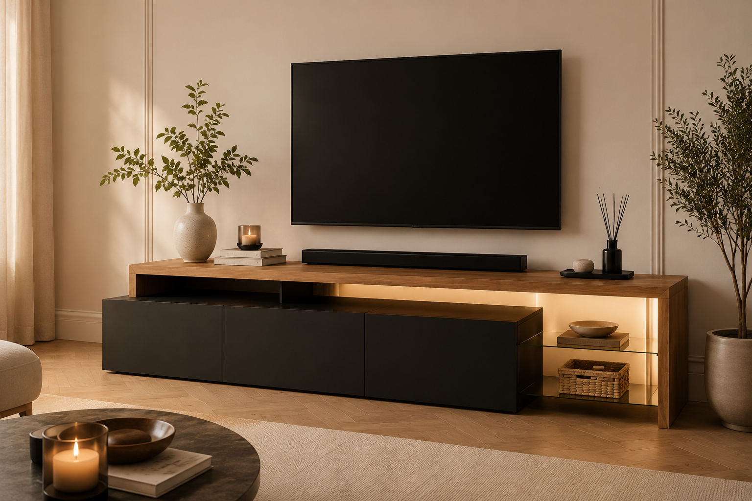 Meuble TV LED Moderne avec Rangement & Étagères Verre