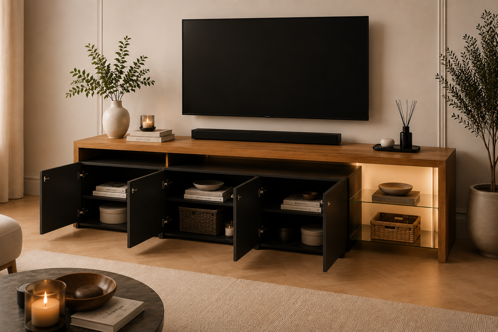 Meuble TV LED Moderne avec Rangement & Étagères Verre