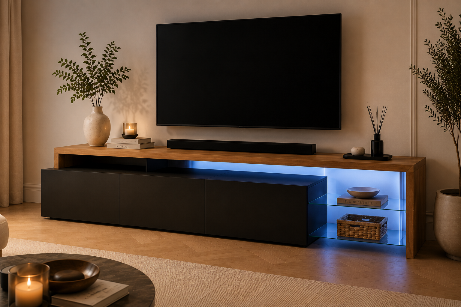Meuble TV LED Moderne avec Rangement & Étagères Verre