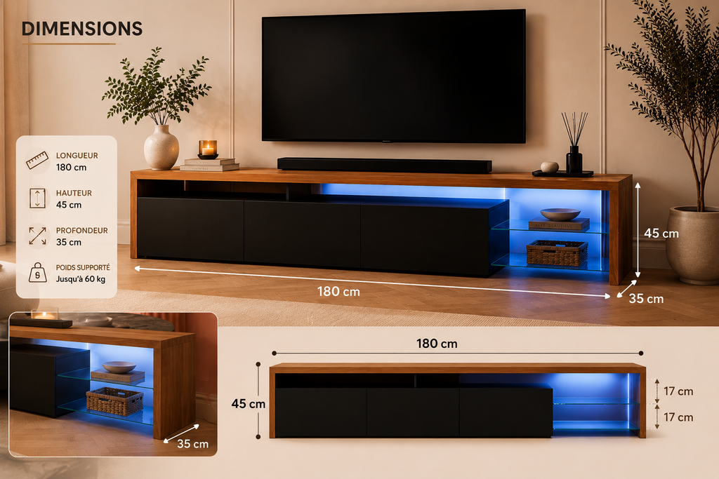Meuble TV LED Moderne avec Rangement & Étagères Verre