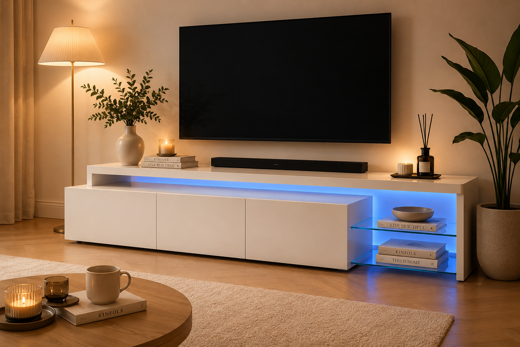 Meuble TV LED Moderne avec Rangement & Étagères Verre