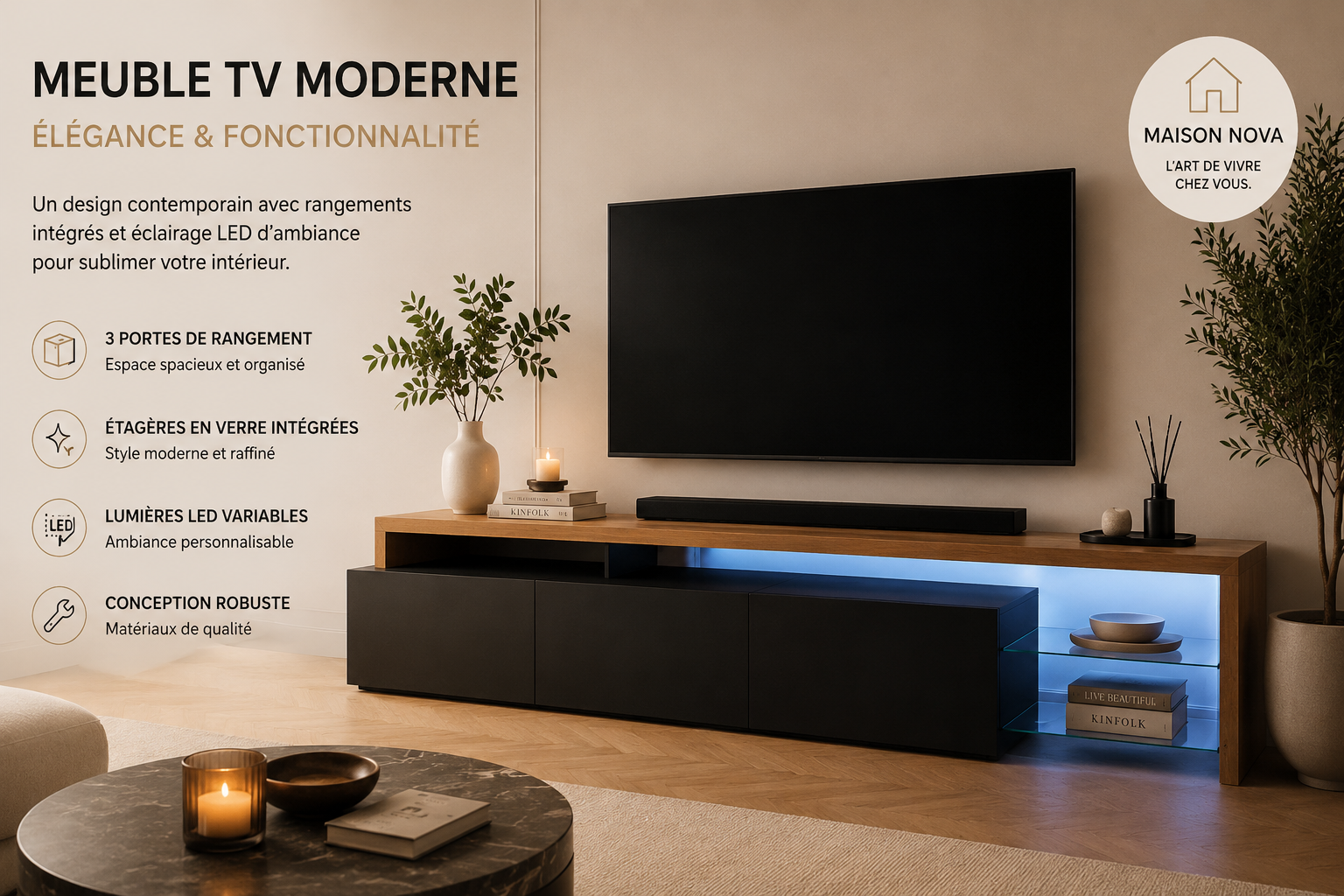 Meuble TV LED Moderne avec Rangement & Étagères Verre