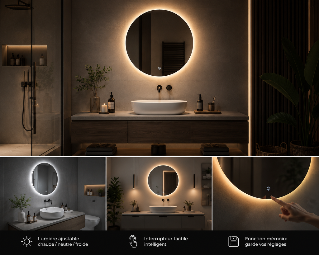 Miroir LED Rond – Éclairage Moderne & Ambiance Personnalisable