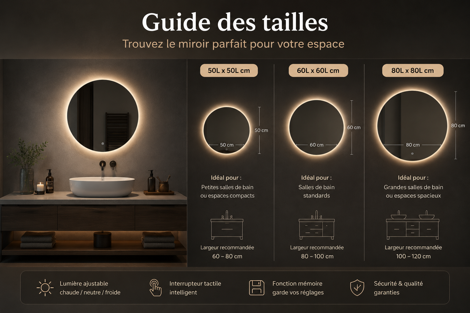 Miroir LED Rond – Éclairage Moderne & Ambiance Personnalisable