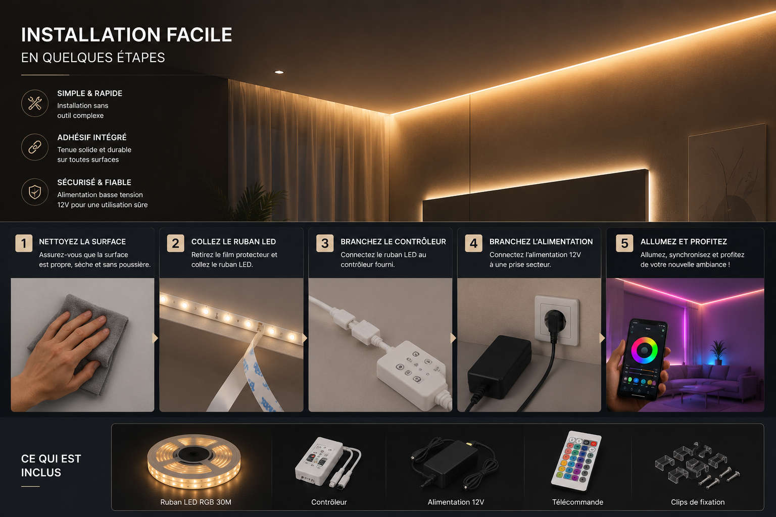 Ruban LED 30M RGB Bluetooth – Multicolore & Musical
