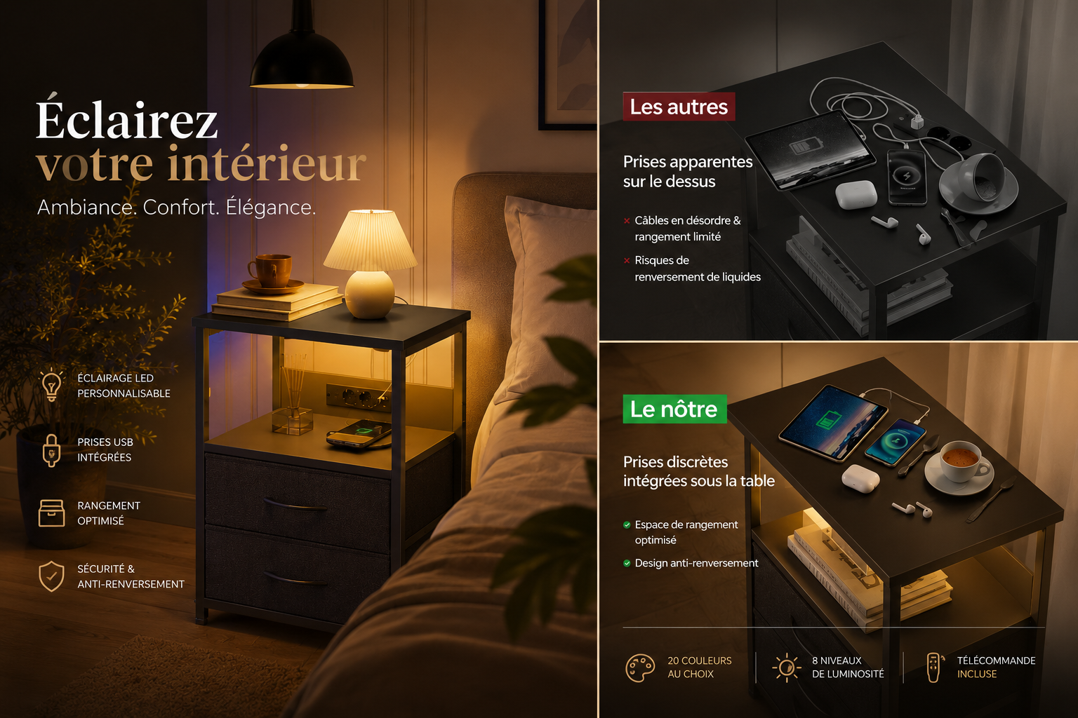 Table de Chevet LED Connectée avec Prises USB(Lot de 2)