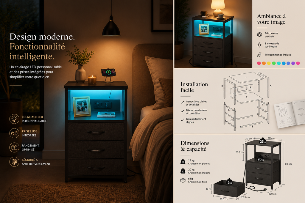 Table de Chevet LED Connectée avec Prises USB(Lot de 2)